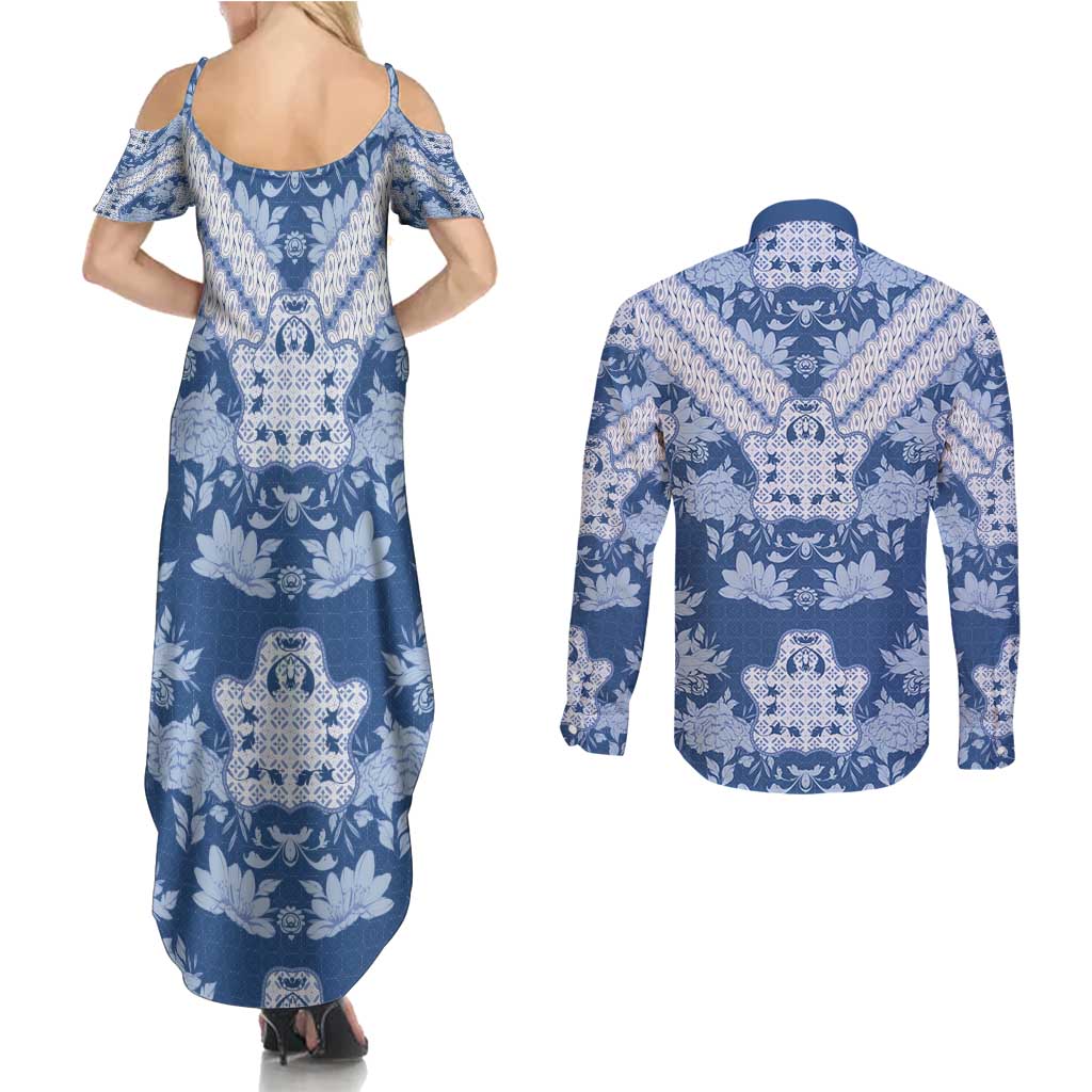Indonesia Javanese Batik Couples Matching Summer Maxi Dress and Long Sleeve Button Shirt Nelson Mandela Madiba Blue - Wonder Print Shop