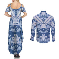 Indonesia Javanese Batik Couples Matching Summer Maxi Dress and Long Sleeve Button Shirt Nelson Mandela Madiba Blue - Wonder Print Shop