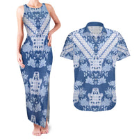 Indonesia Javanese Batik Couples Matching Tank Maxi Dress and Hawaiian Shirt Nelson Mandela Madiba Blue - Wonder Print Shop