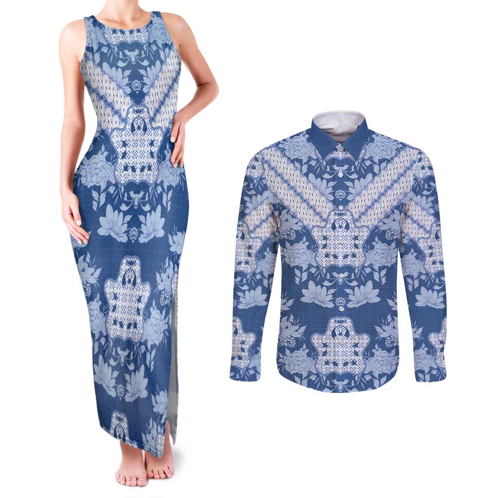 Indonesia Javanese Batik Couples Matching Tank Maxi Dress and Long Sleeve Button Shirt Nelson Mandela Madiba Blue - Wonder Print Shop