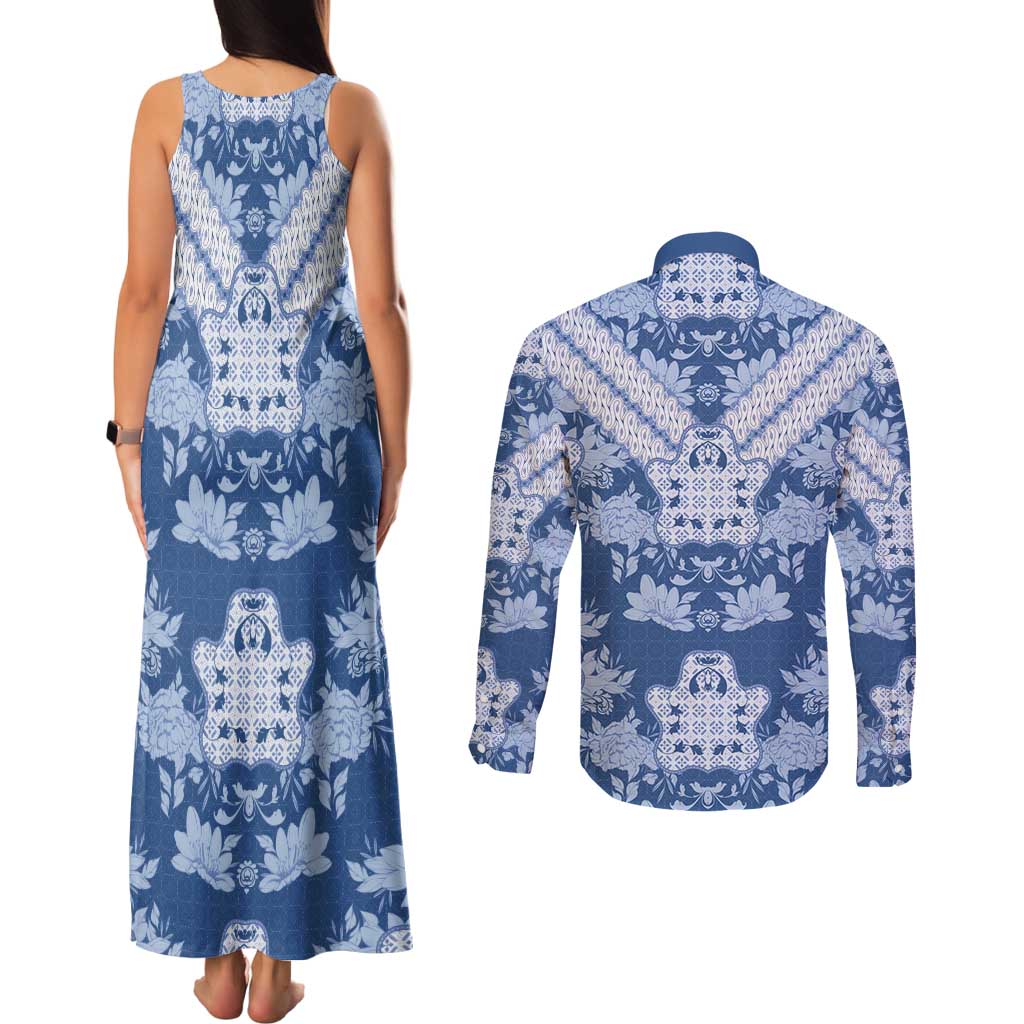 Indonesia Javanese Batik Couples Matching Tank Maxi Dress and Long Sleeve Button Shirt Nelson Mandela Madiba Blue - Wonder Print Shop