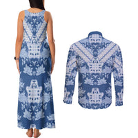 Indonesia Javanese Batik Couples Matching Tank Maxi Dress and Long Sleeve Button Shirt Nelson Mandela Madiba Blue - Wonder Print Shop