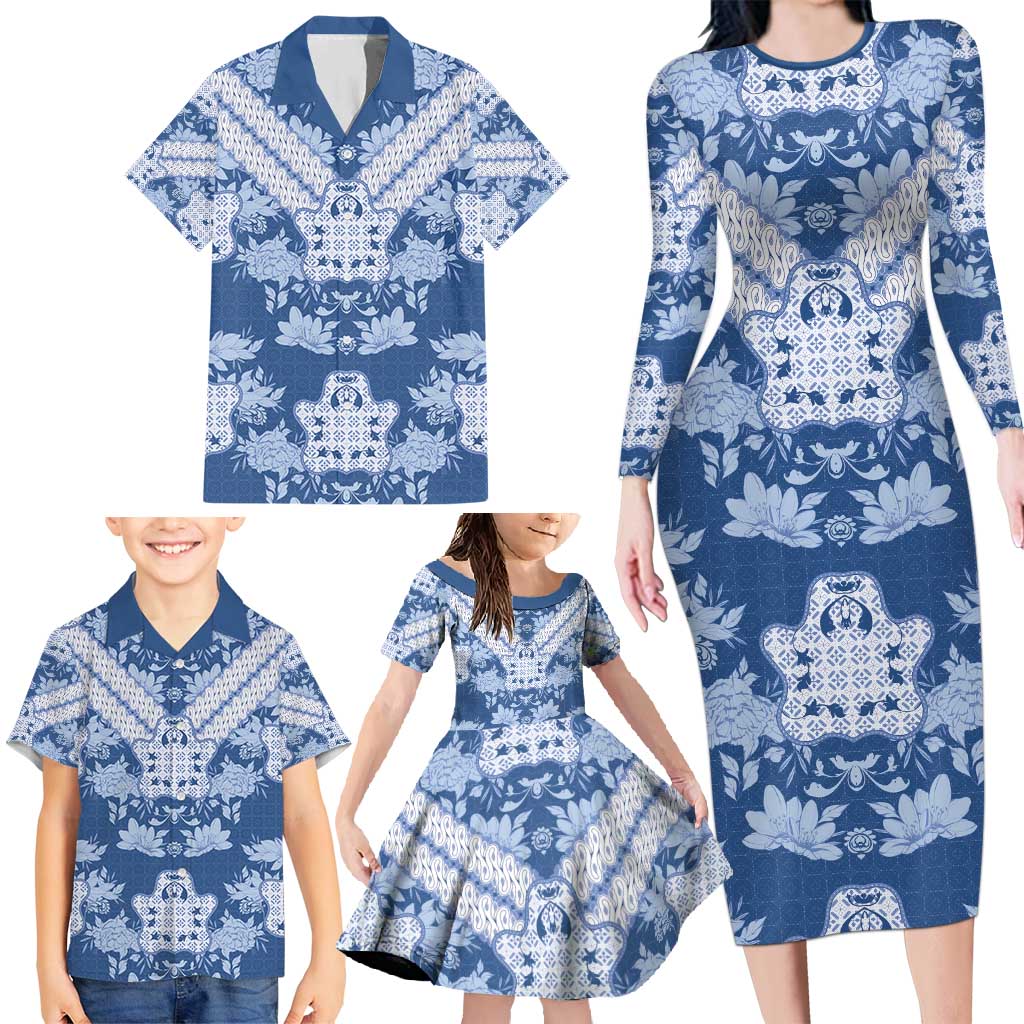 Indonesia Javanese Batik Family Matching Long Sleeve Bodycon Dress and Hawaiian Shirt Nelson Mandela Madiba Blue - Wonder Print Shop