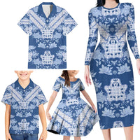 Indonesia Javanese Batik Family Matching Long Sleeve Bodycon Dress and Hawaiian Shirt Nelson Mandela Madiba Blue - Wonder Print Shop