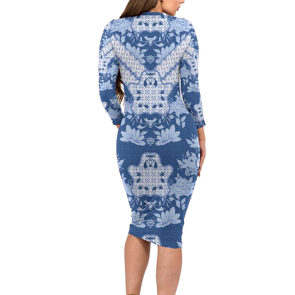 Indonesia Javanese Batik Family Matching Long Sleeve Bodycon Dress and Hawaiian Shirt Nelson Mandela Madiba Blue - Wonder Print Shop