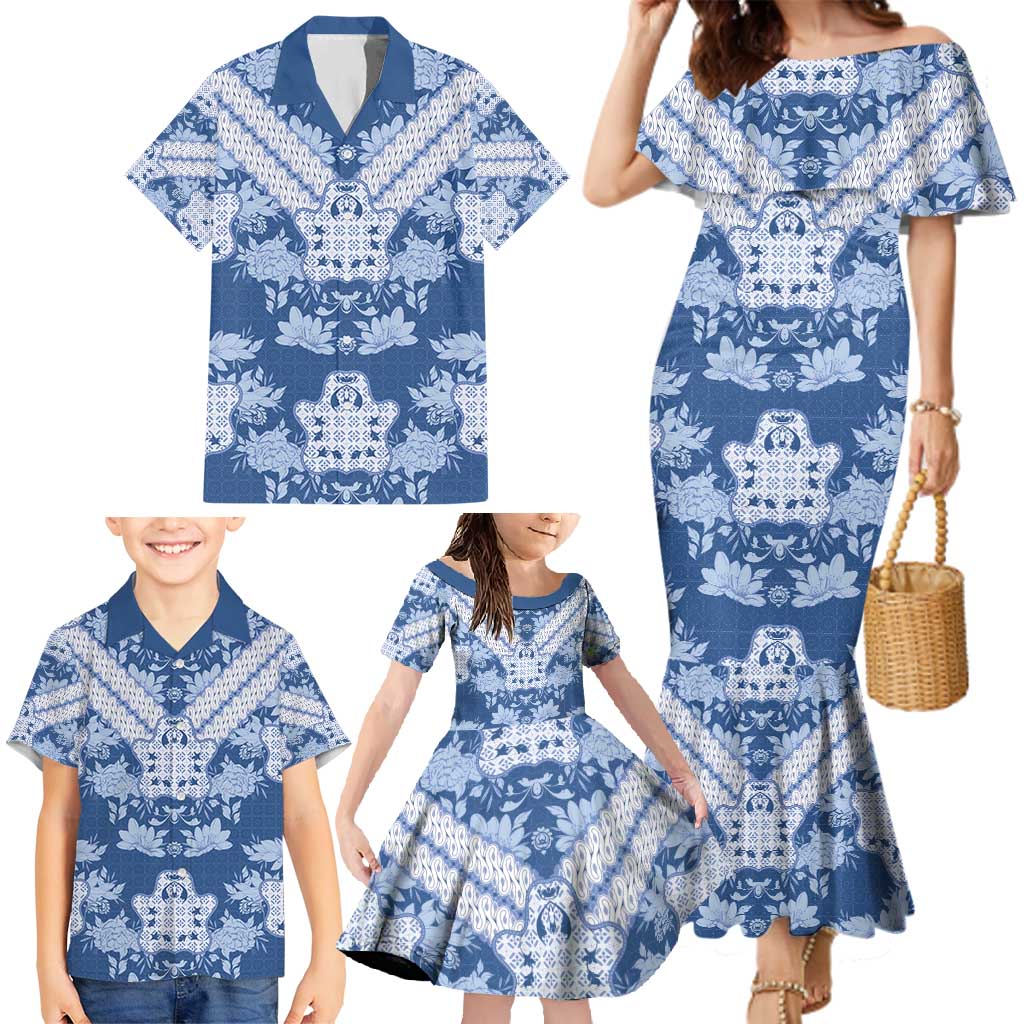 Indonesia Javanese Batik Family Matching Mermaid Dress and Hawaiian Shirt Nelson Mandela Madiba Blue - Wonder Print Shop