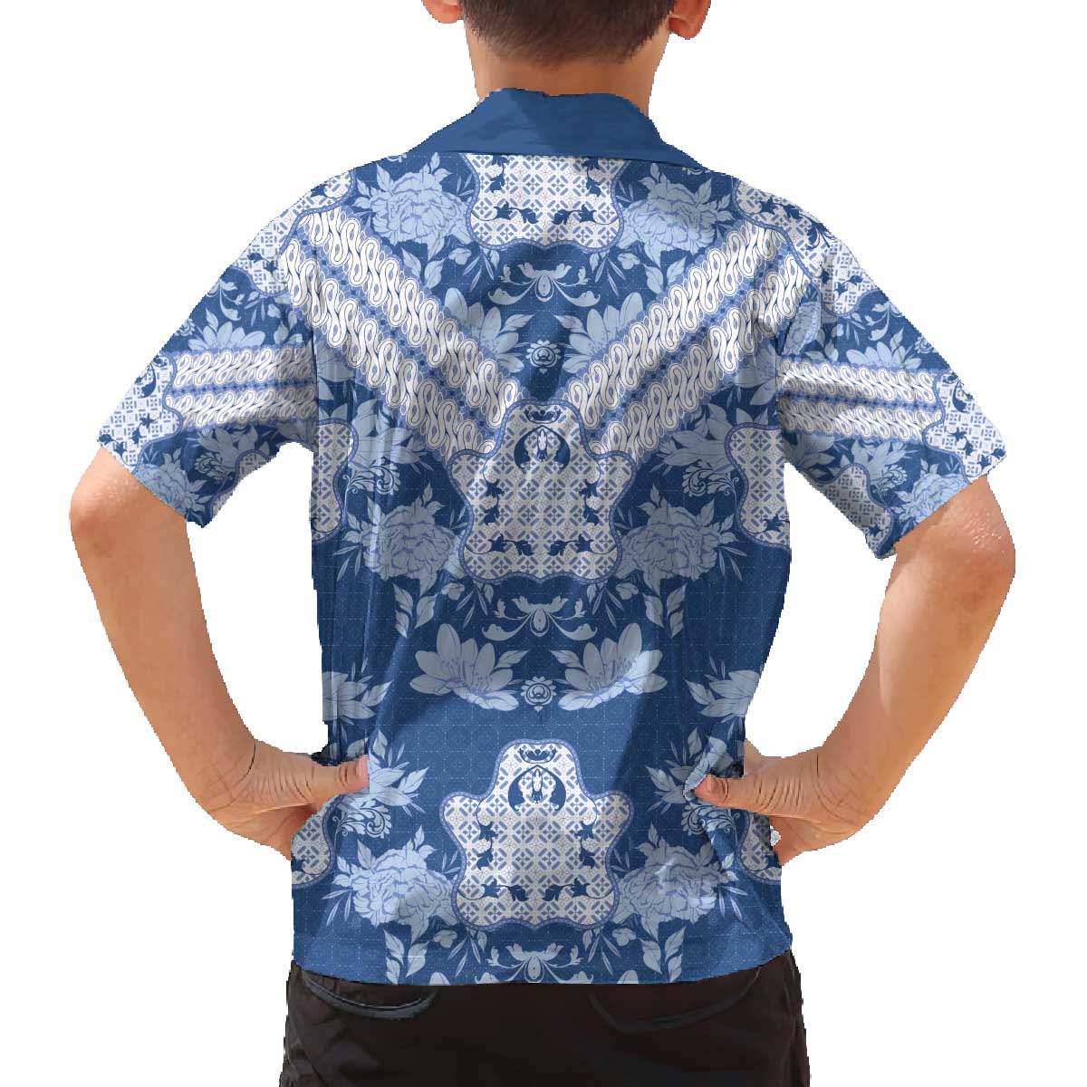 Indonesia Javanese Batik Family Matching Off The Shoulder Long Sleeve Dress and Hawaiian Shirt Nelson Mandela Madiba Blue - Wonder Print Shop