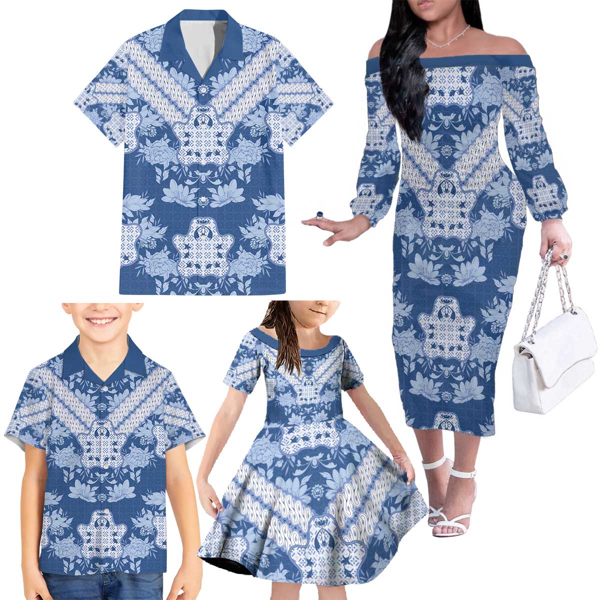 Indonesia Javanese Batik Family Matching Off The Shoulder Long Sleeve Dress and Hawaiian Shirt Nelson Mandela Madiba Blue - Wonder Print Shop