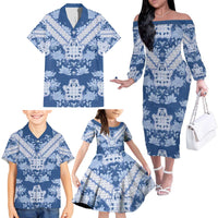 Indonesia Javanese Batik Family Matching Off The Shoulder Long Sleeve Dress and Hawaiian Shirt Nelson Mandela Madiba Blue - Wonder Print Shop