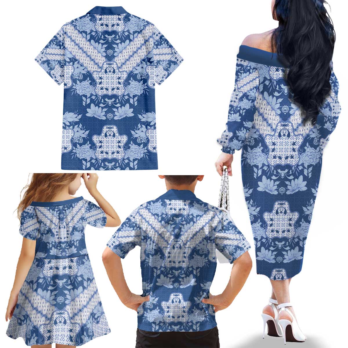 Indonesia Javanese Batik Family Matching Off The Shoulder Long Sleeve Dress and Hawaiian Shirt Nelson Mandela Madiba Blue - Wonder Print Shop
