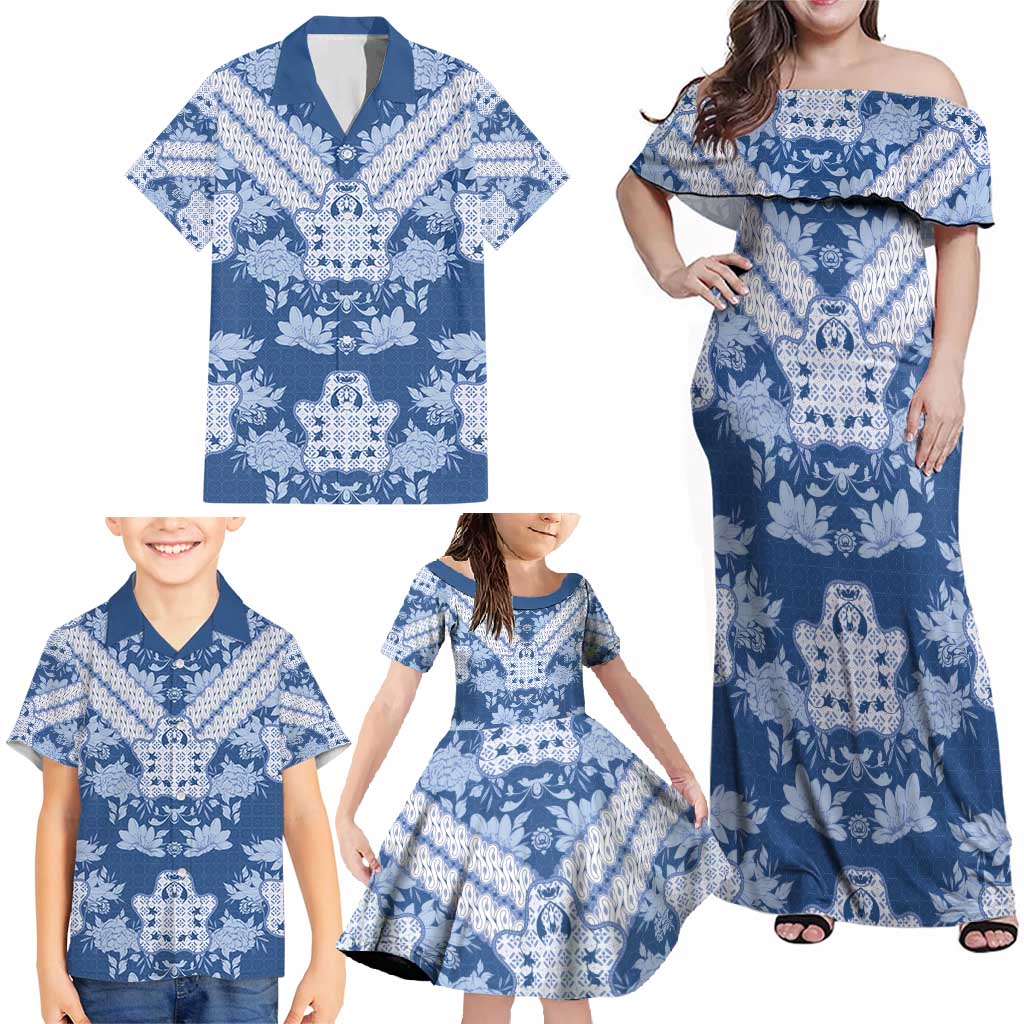 Indonesia Javanese Batik Family Matching Off Shoulder Maxi Dress and Hawaiian Shirt Nelson Mandela Madiba Blue - Wonder Print Shop