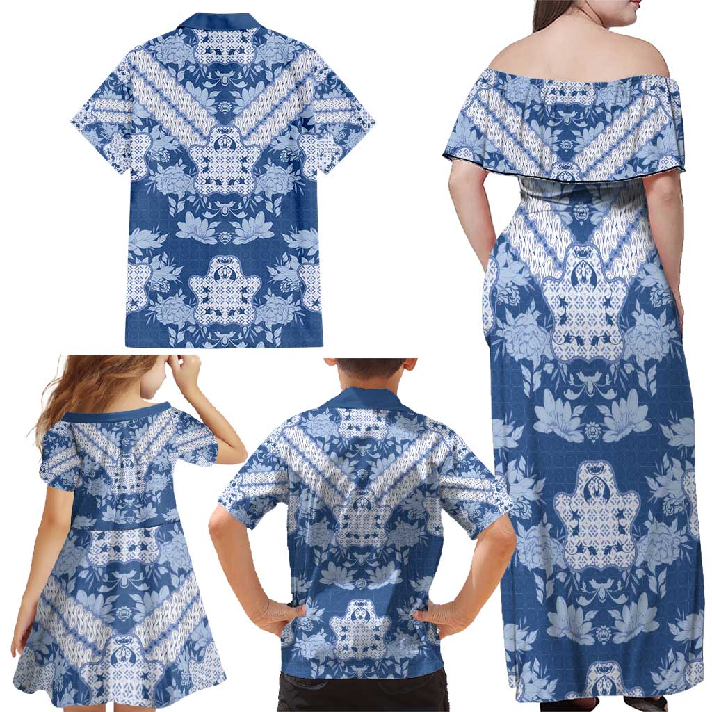 Indonesia Javanese Batik Family Matching Off Shoulder Maxi Dress and Hawaiian Shirt Nelson Mandela Madiba Blue - Wonder Print Shop
