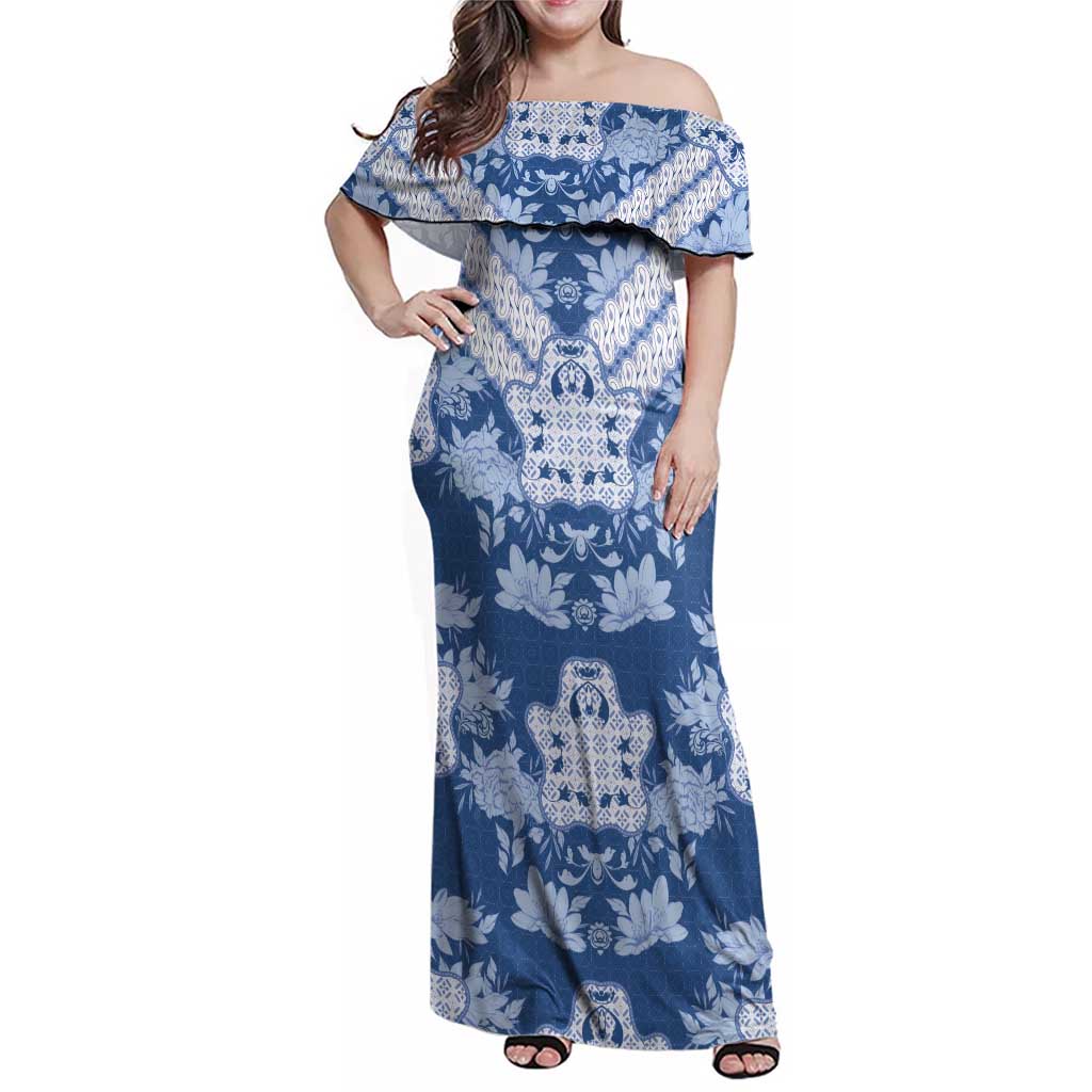 Indonesia Javanese Batik Family Matching Off Shoulder Maxi Dress and Hawaiian Shirt Nelson Mandela Madiba Blue - Wonder Print Shop