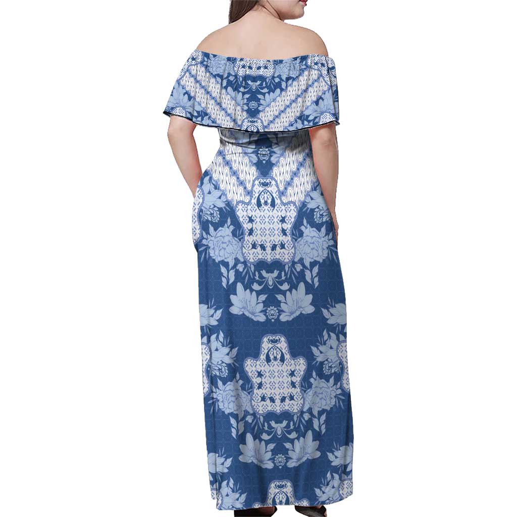 Indonesia Javanese Batik Family Matching Off Shoulder Maxi Dress and Hawaiian Shirt Nelson Mandela Madiba Blue - Wonder Print Shop