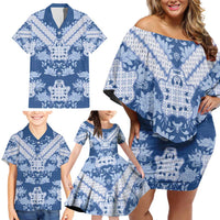 Indonesia Javanese Batik Family Matching Off Shoulder Short Dress and Hawaiian Shirt Nelson Mandela Madiba Blue - Wonder Print Shop