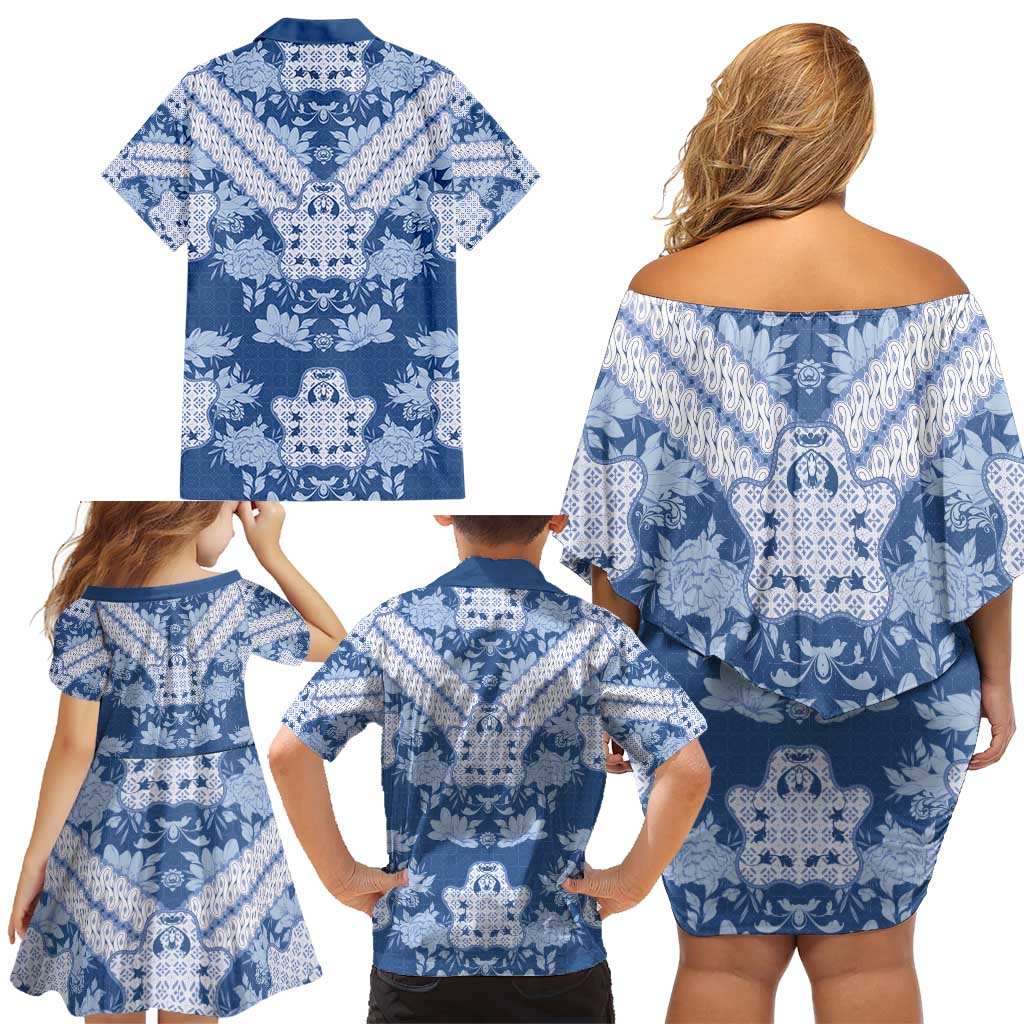 Indonesia Javanese Batik Family Matching Off Shoulder Short Dress and Hawaiian Shirt Nelson Mandela Madiba Blue - Wonder Print Shop