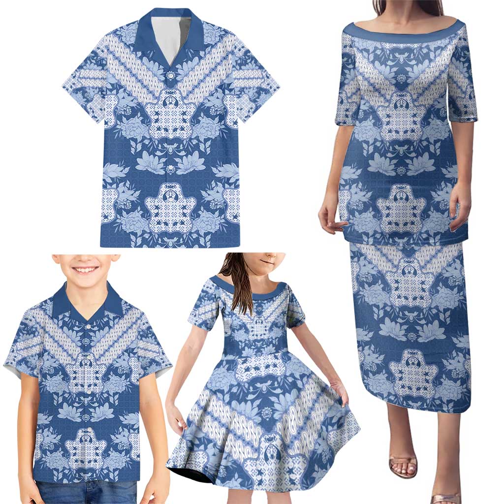 Indonesia Javanese Batik Family Matching Puletasi and Hawaiian Shirt Nelson Mandela Madiba Blue - Wonder Print Shop