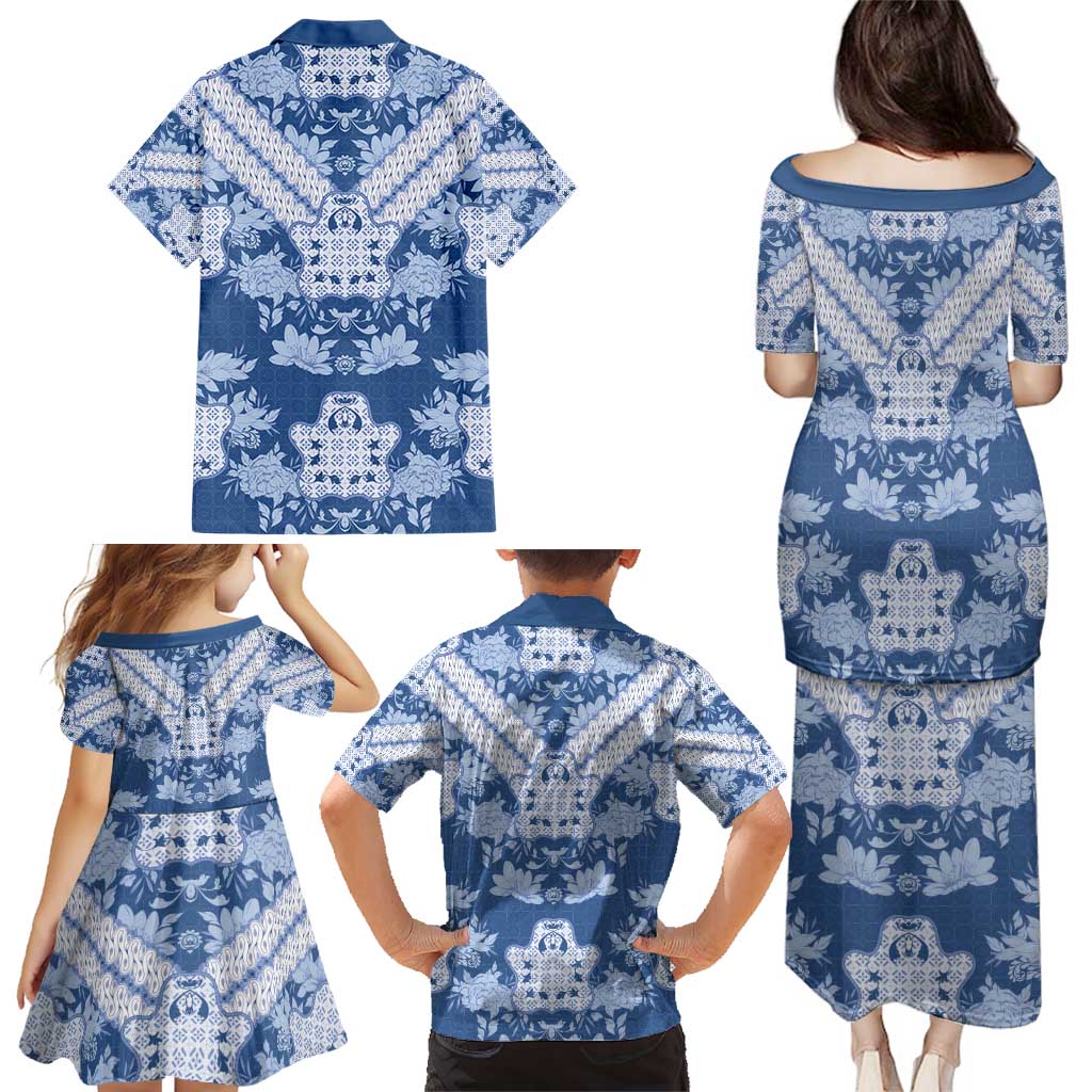 Indonesia Javanese Batik Family Matching Puletasi and Hawaiian Shirt Nelson Mandela Madiba Blue - Wonder Print Shop