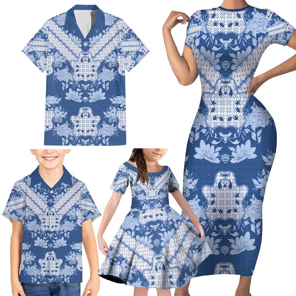 Indonesia Javanese Batik Family Matching Short Sleeve Bodycon Dress and Hawaiian Shirt Nelson Mandela Madiba Blue - Wonder Print Shop