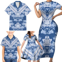 Indonesia Javanese Batik Family Matching Short Sleeve Bodycon Dress and Hawaiian Shirt Nelson Mandela Madiba Blue - Wonder Print Shop