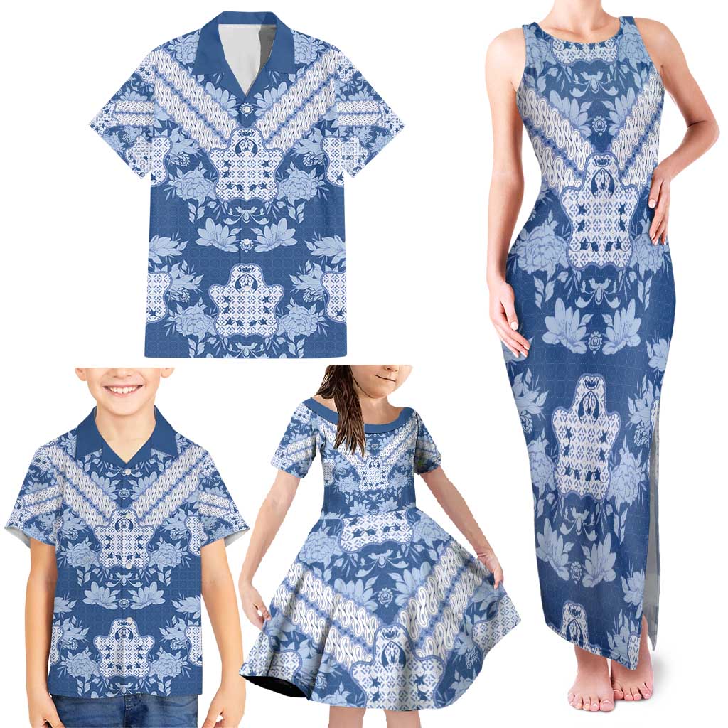 Indonesia Javanese Batik Family Matching Tank Maxi Dress and Hawaiian Shirt Nelson Mandela Madiba Blue - Wonder Print Shop