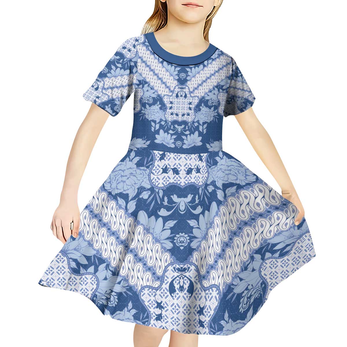 Indonesia Javanese Batik Kid Short Sleeve Dress Nelson Mandela Madiba Blue - Wonder Print Shop