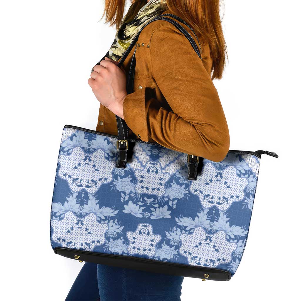 Indonesia Javanese Batik Leather Tote Bag Nelson Mandela Madiba Blue - Wonder Print Shop