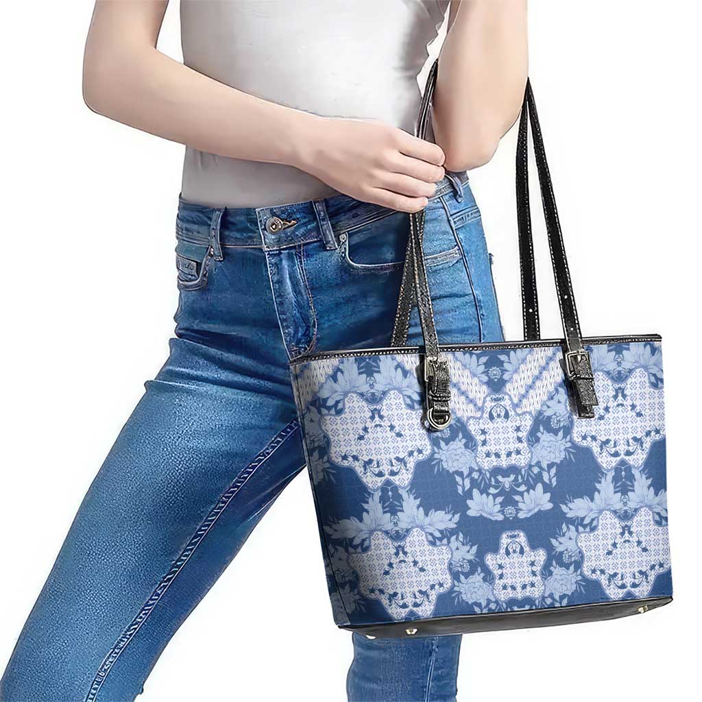 Indonesia Javanese Batik Leather Tote Bag Nelson Mandela Madiba Blue - Wonder Print Shop