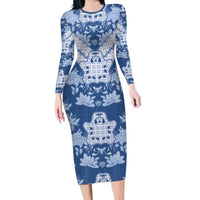 Indonesia Javanese Batik Long Sleeve Bodycon Dress Nelson Mandela Madiba Blue - Wonder Print Shop