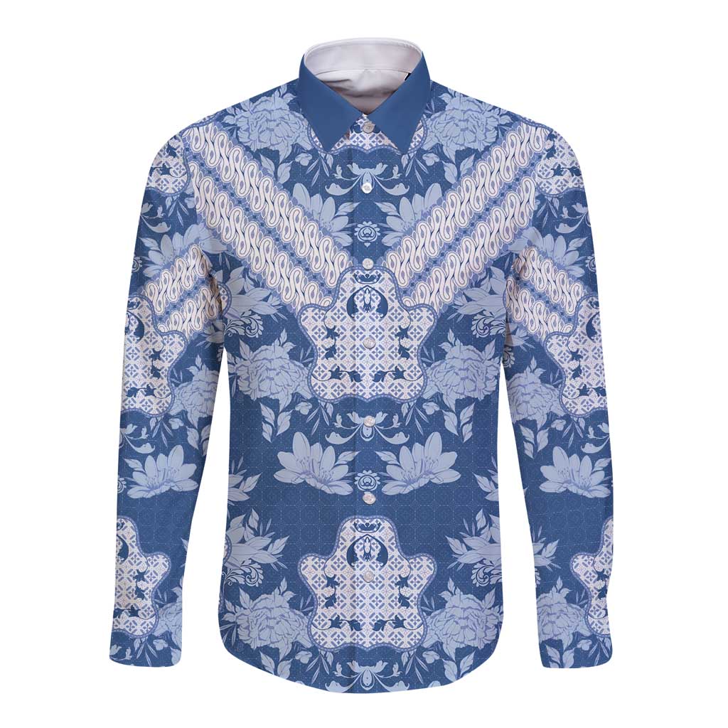 Indonesia Javanese Batik Long Sleeve Button Shirt Nelson Mandela Madiba Blue - Wonder Print Shop