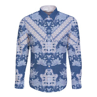 Indonesia Javanese Batik Long Sleeve Button Shirt Nelson Mandela Madiba Blue - Wonder Print Shop