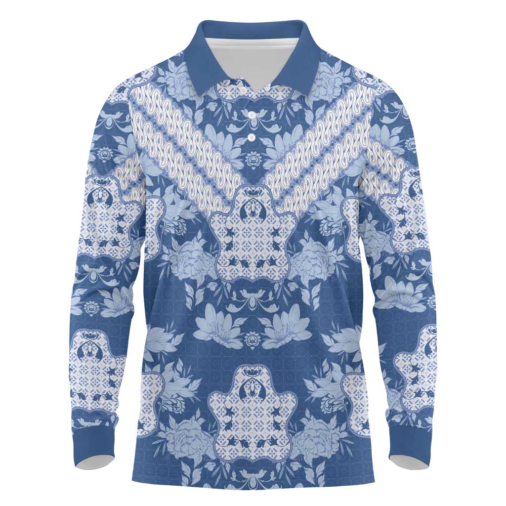 Indonesia Javanese Batik Long Sleeve Polo Shirt Nelson Mandela Madiba Blue - Wonder Print Shop