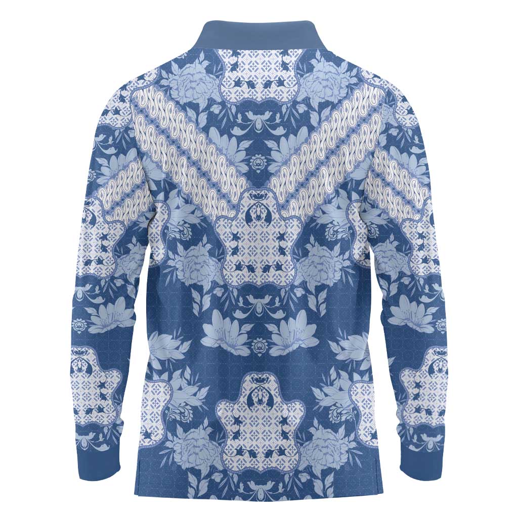 Indonesia Javanese Batik Long Sleeve Polo Shirt Nelson Mandela Madiba Blue - Wonder Print Shop