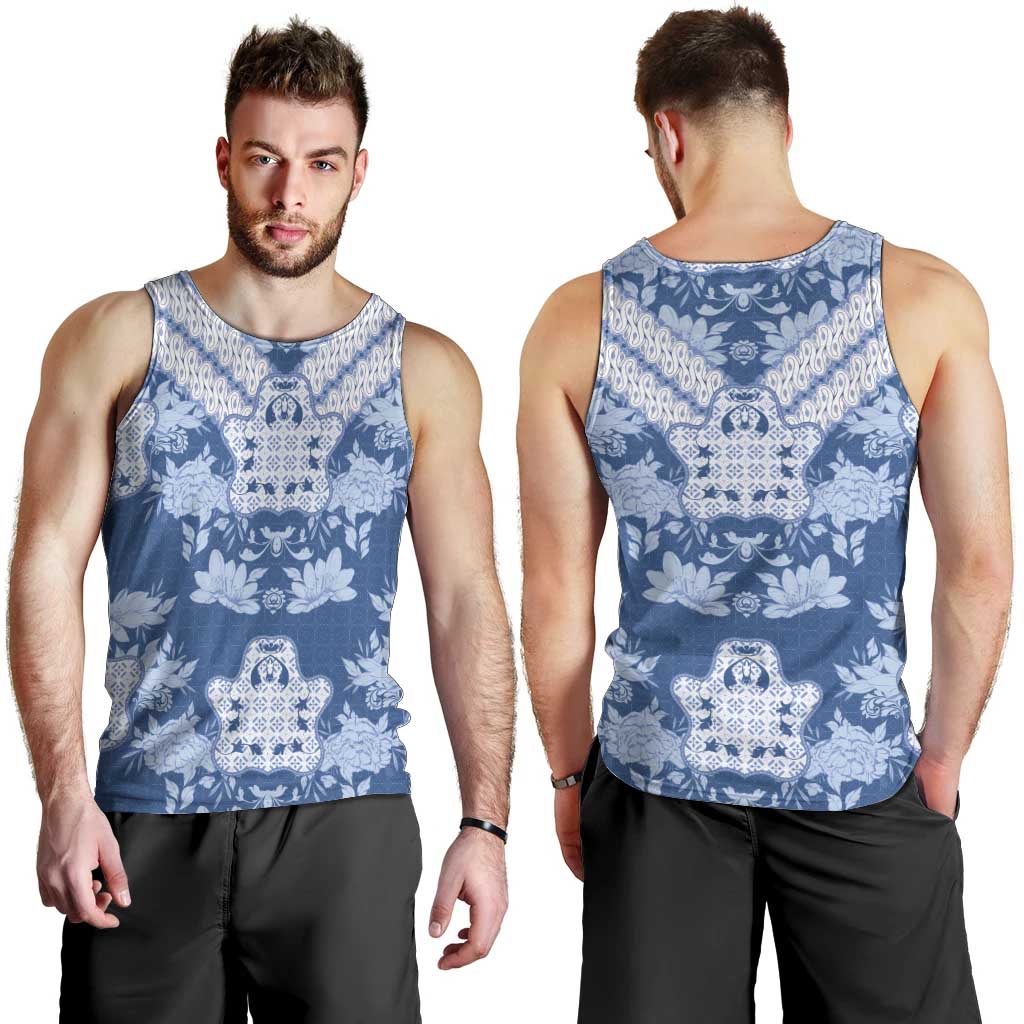 Indonesia Javanese Batik Men Tank Top Nelson Mandela Madiba Blue - Wonder Print Shop