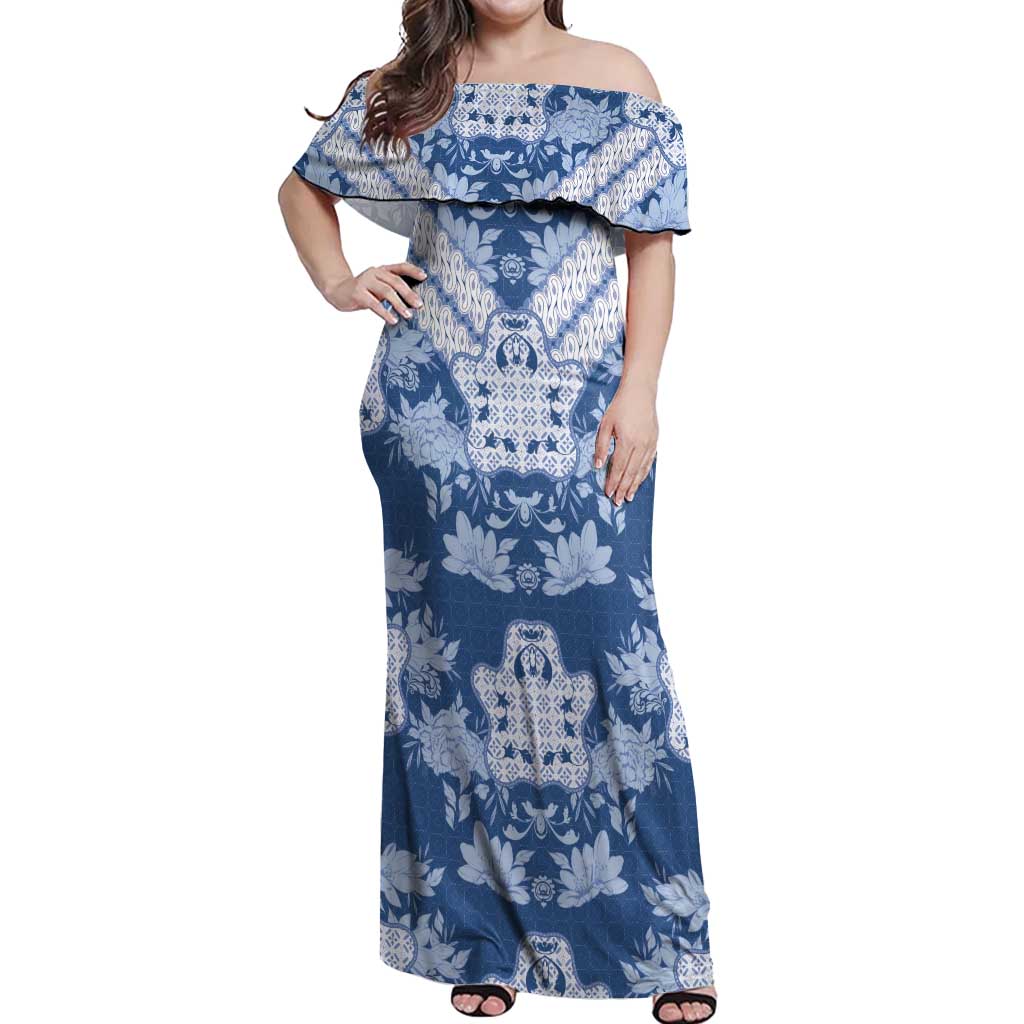 Indonesia Javanese Batik Off Shoulder Maxi Dress Nelson Mandela Madiba Blue - Wonder Print Shop