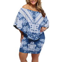 Indonesia Javanese Batik Off Shoulder Short Dress Nelson Mandela Madiba Blue - Wonder Print Shop