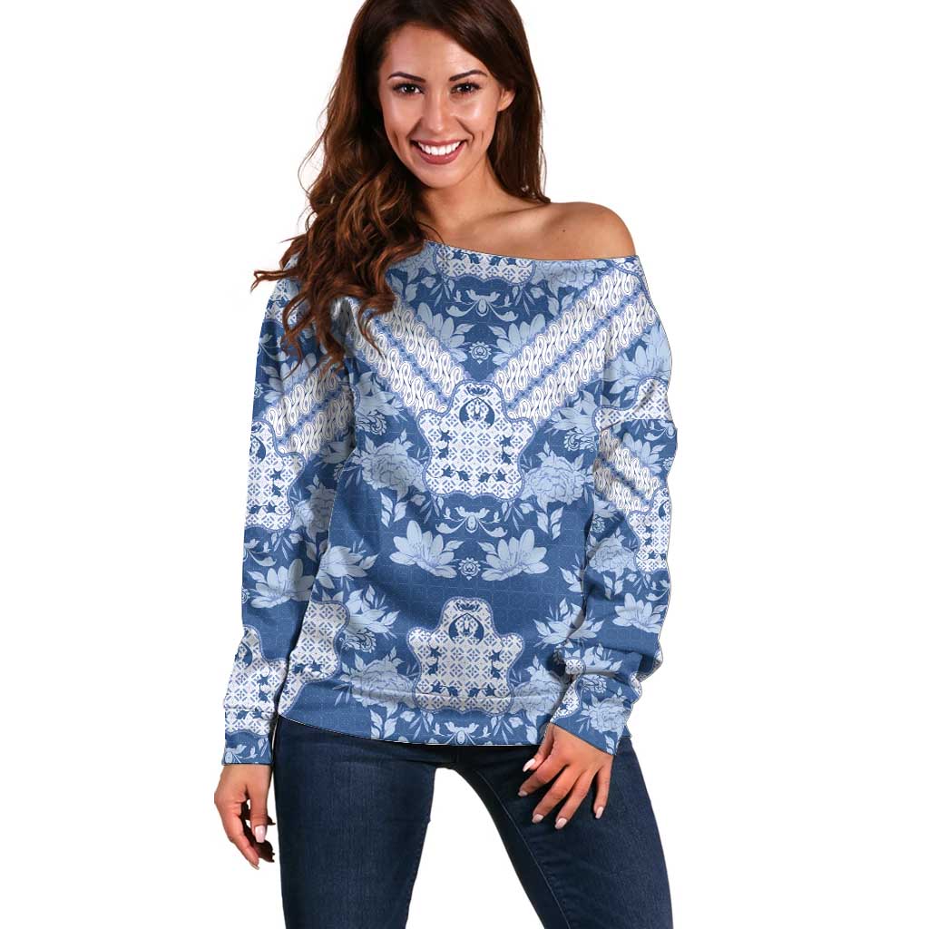Indonesia Javanese Batik Off Shoulder Sweater Nelson Mandela Madiba Blue - Wonder Print Shop