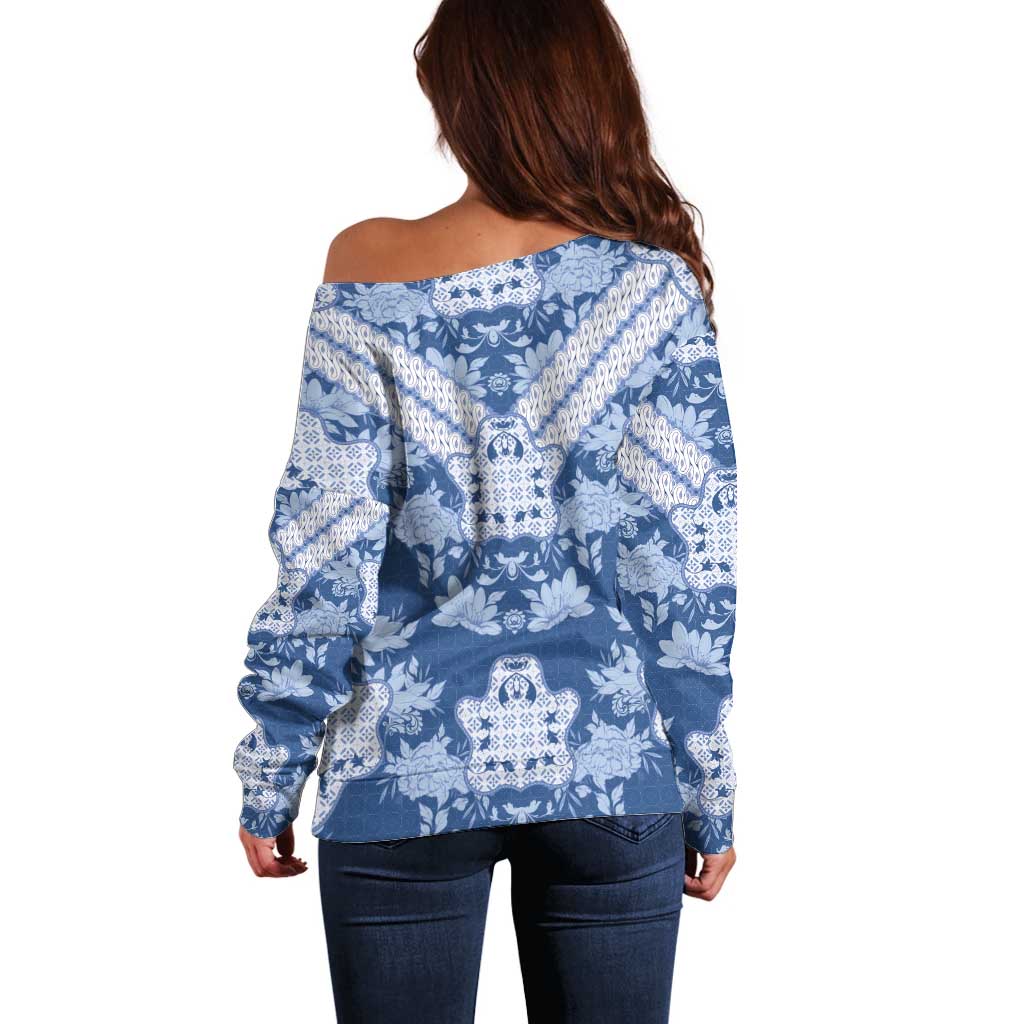 Indonesia Javanese Batik Off Shoulder Sweater Nelson Mandela Madiba Blue - Wonder Print Shop