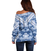 Indonesia Javanese Batik Off Shoulder Sweater Nelson Mandela Madiba Blue - Wonder Print Shop