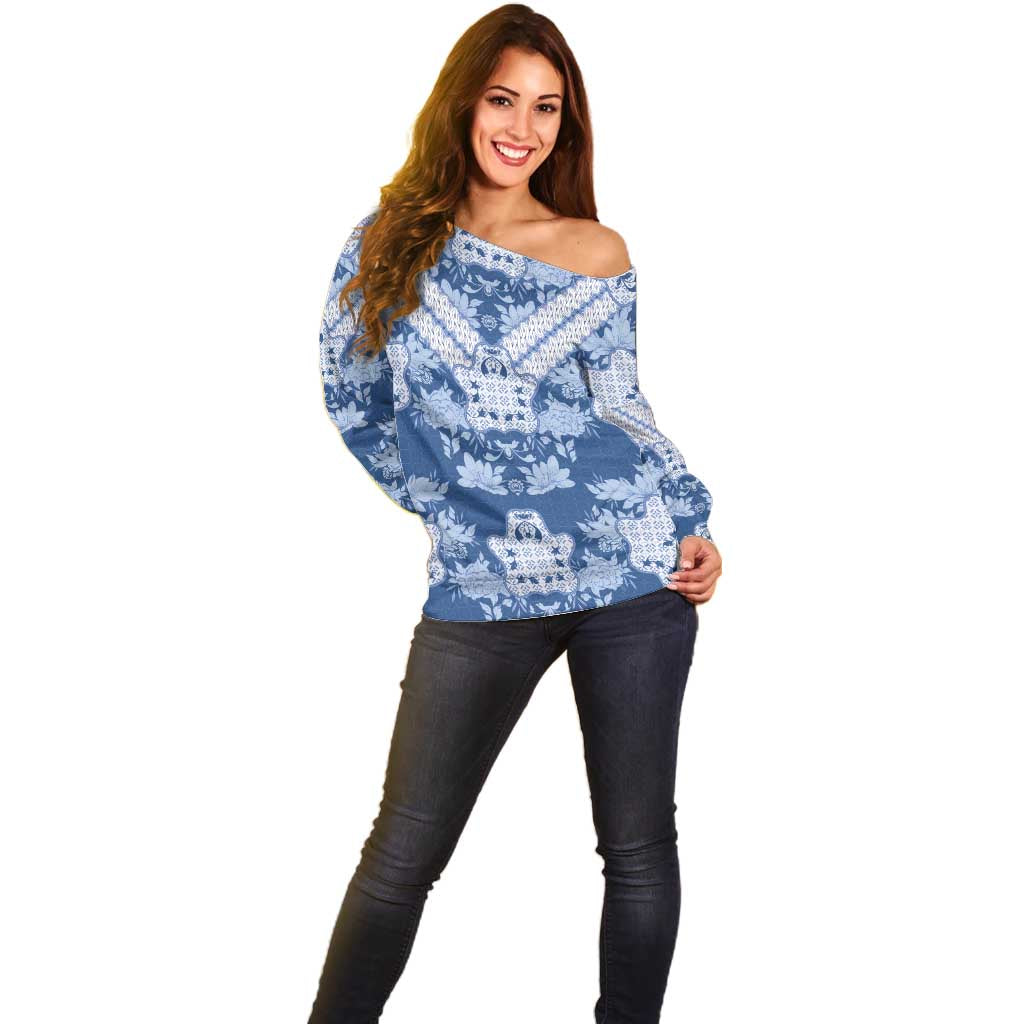 Indonesia Javanese Batik Off Shoulder Sweater Nelson Mandela Madiba Blue - Wonder Print Shop