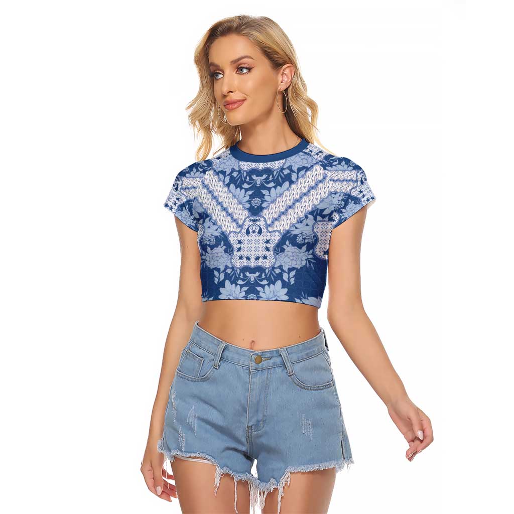 Indonesia Javanese Batik Raglan Cropped T Shirt Nelson Mandela Madiba Blue - Wonder Print Shop