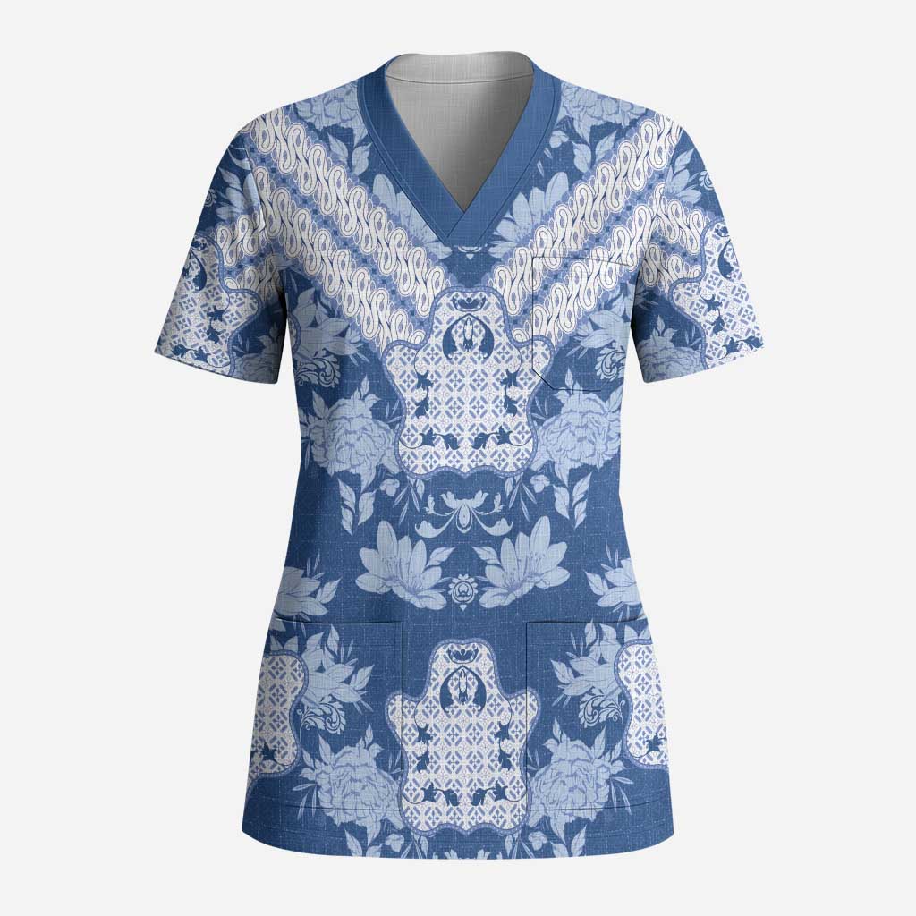 Indonesia Javanese Batik Scrub Top Nelson Mandela Madiba Blue - Wonder Print Shop