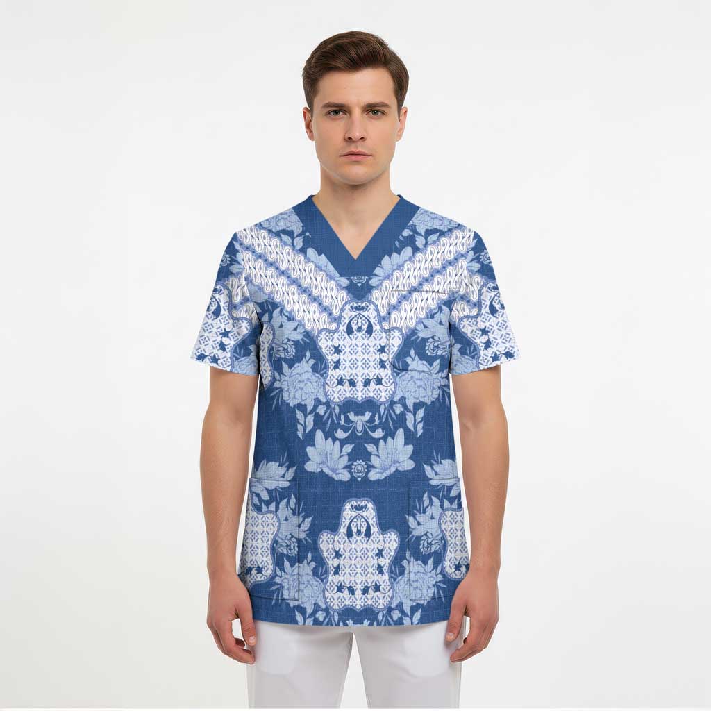 Indonesia Javanese Batik Scrub Top Nelson Mandela Madiba Blue - Wonder Print Shop