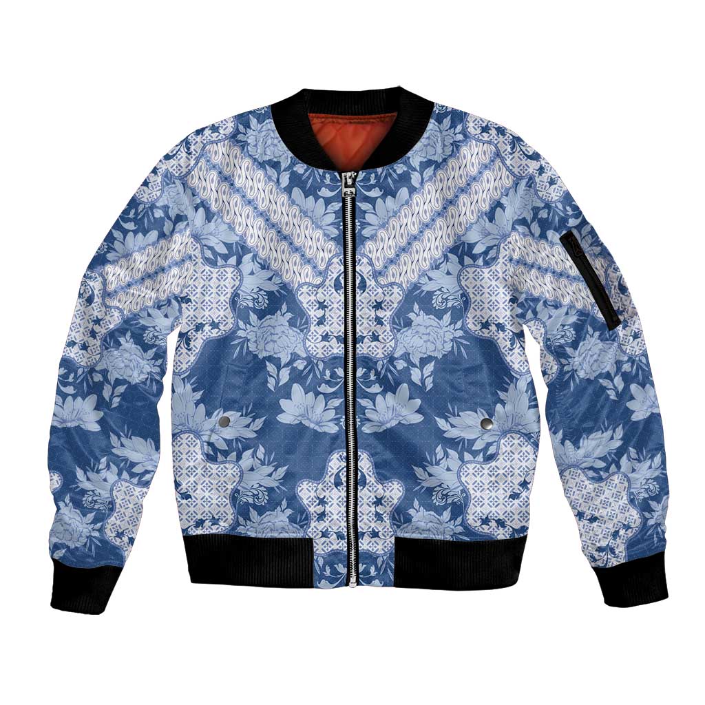 Indonesia Javanese Batik Sleeve Zip Bomber Jacket Nelson Mandela Madiba Blue - Wonder Print Shop