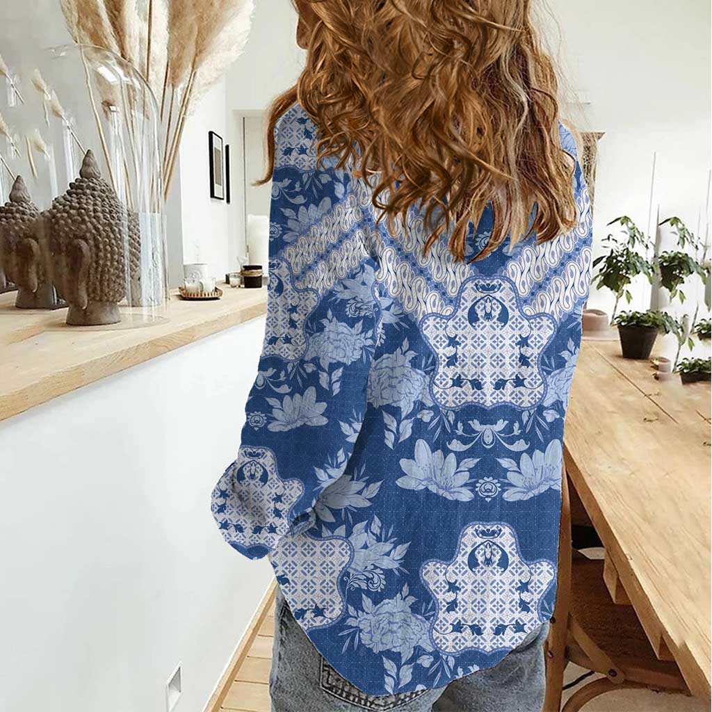 Indonesia Javanese Batik Women Casual Shirt Nelson Mandela Madiba Blue - Wonder Print Shop