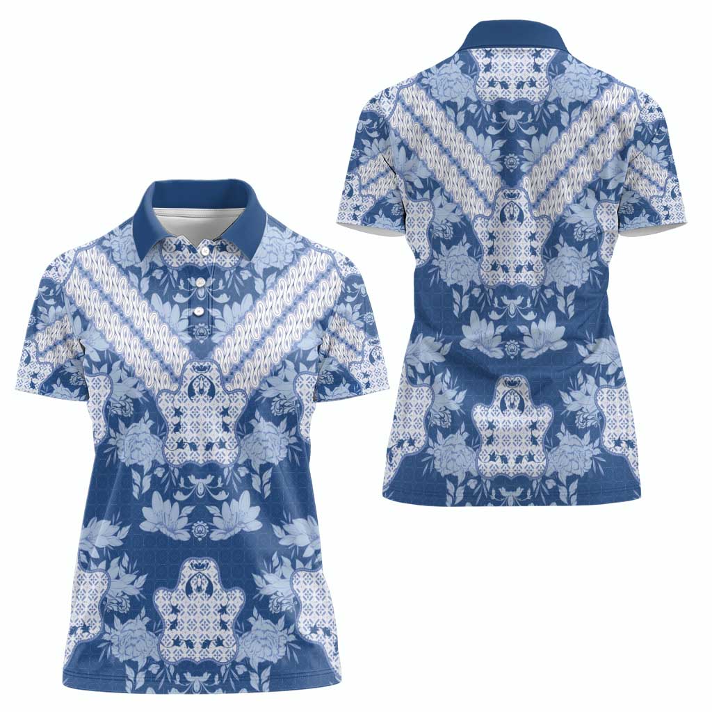 Indonesia Javanese Batik Women Polo Shirt Nelson Mandela Madiba Blue - Wonder Print Shop