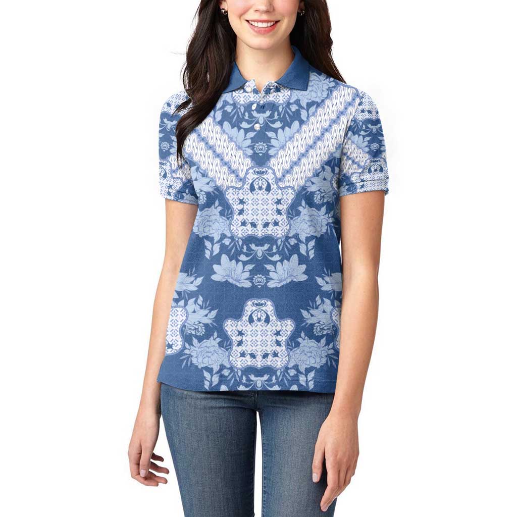 Indonesia Javanese Batik Women Polo Shirt Nelson Mandela Madiba Blue - Wonder Print Shop