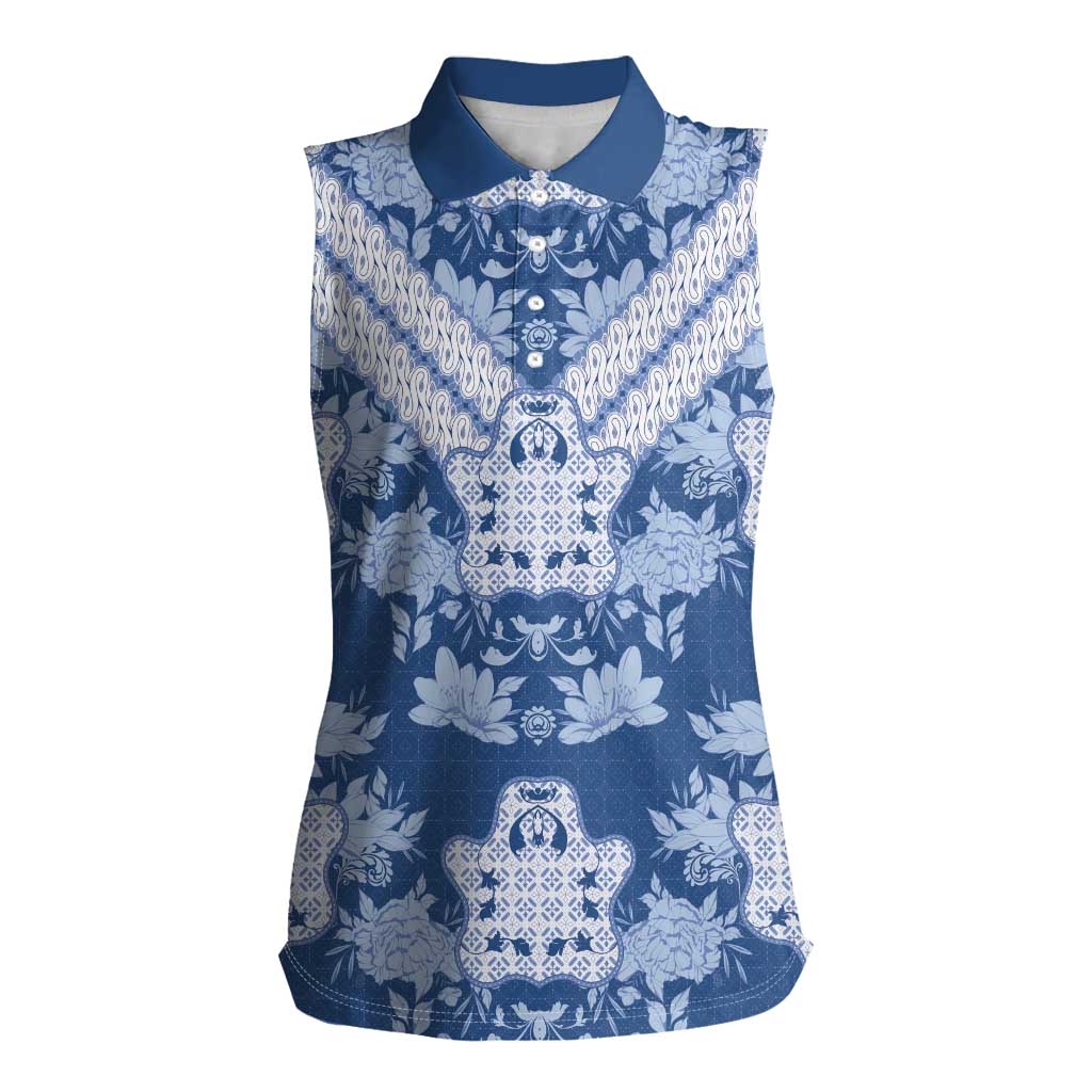 Indonesia Javanese Batik Women Sleeveless Polo Shirt Nelson Mandela Madiba Blue - Wonder Print Shop