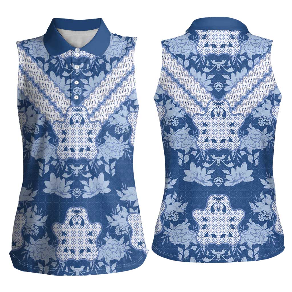 Indonesia Javanese Batik Women Sleeveless Polo Shirt Nelson Mandela Madiba Blue - Wonder Print Shop