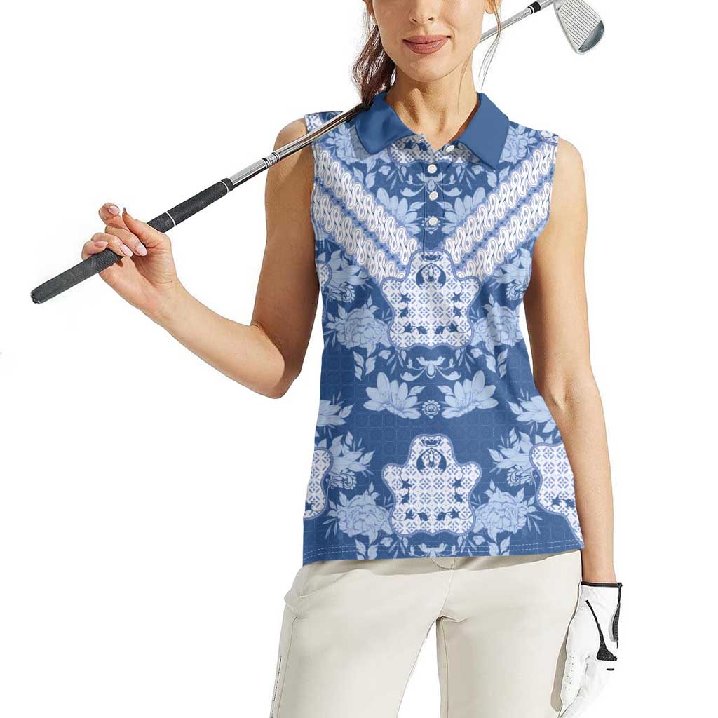 Indonesia Javanese Batik Women Sleeveless Polo Shirt Nelson Mandela Madiba Blue - Wonder Print Shop